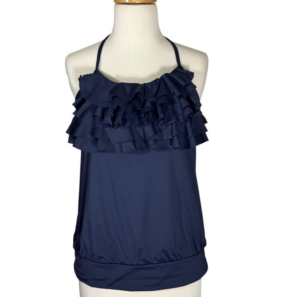 Michael Kors navy blue ruffled halter tankini top Sz L